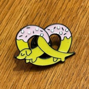 Women’s Accessories Unique Cute Dachshund as Pretzel Enamel Pin-Yellow and Pink